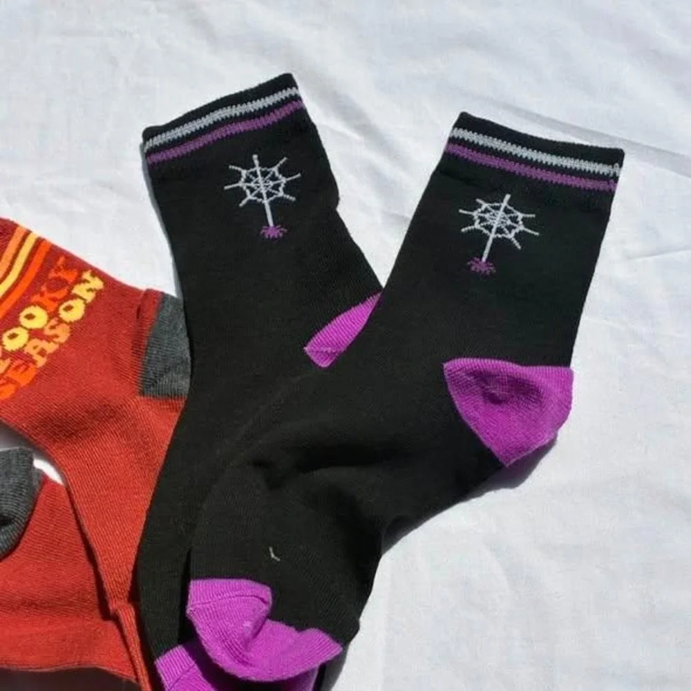 Halloween Crew Socks Black Orange Women One Size Spooky‎ Season Set of 2